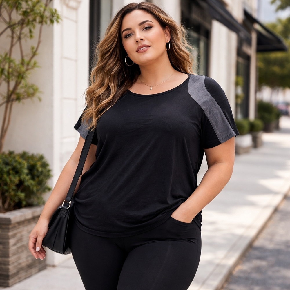 NWT Fabletics Cavender Plus Size Black Gray Cotton Viscose Top Colorblock Casual